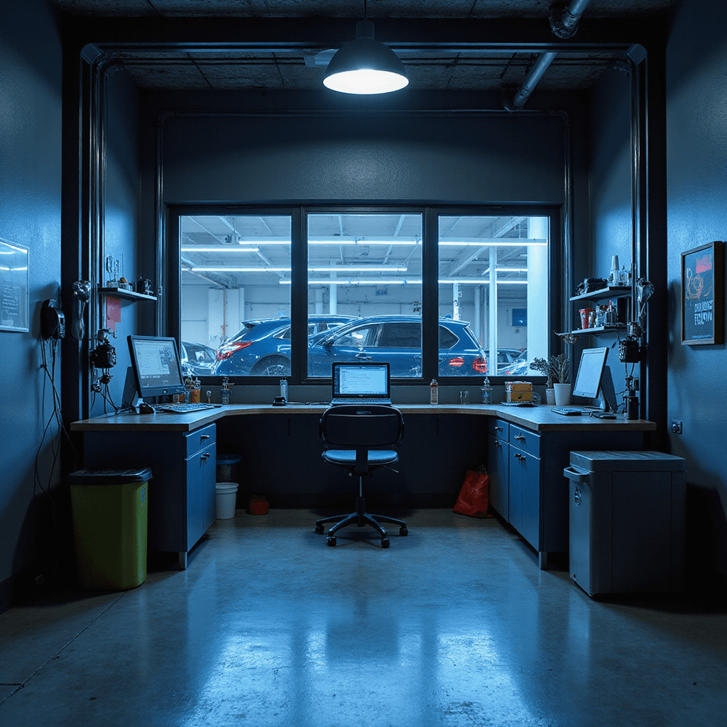 Intieme sleutelmakerhoek in moderne autogarage met L-vormige werkbank, LED-verlichting en verschillende autosleutels in reparatie, met een laptop en diagnostische software.