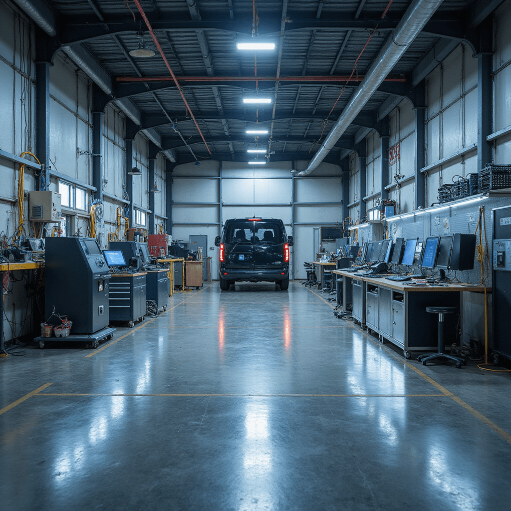 Moderne autosleutelwerkplaats met L-vormige RVS werkbank en programmeerapparatuur, gesorteerde sleutelbehuizingen, digitale codeerstation en veel natuurlijk licht.