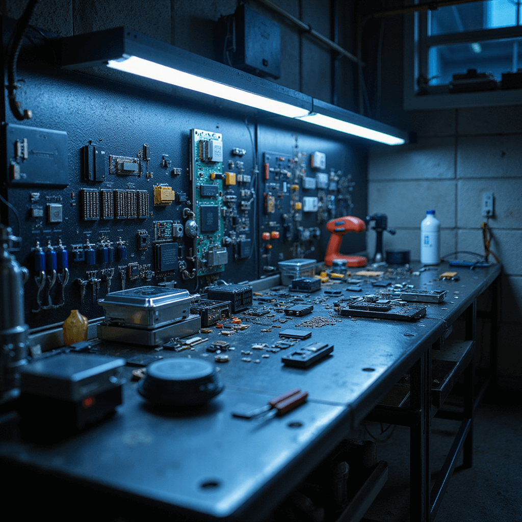 Intieme werkhoek van een sleuteltechnicus met ergonomisch zwart composiet werkblad, diverse geopende autosleutelbehuizingen en specialistische tools, verlicht door gerichte LED-lampen en sfeervolle blauwe accenten.