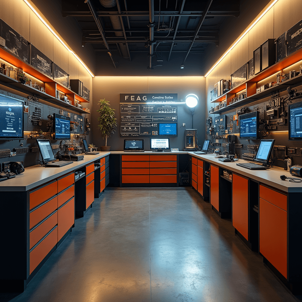 Intieme sleutelservice ruimte met L-vormige werkbank, precisie-slijpmachines en vintage sleutelrek, verlicht door gele LED-strips, en een georganiseerde gereedschapswand voor verschillende automerken.