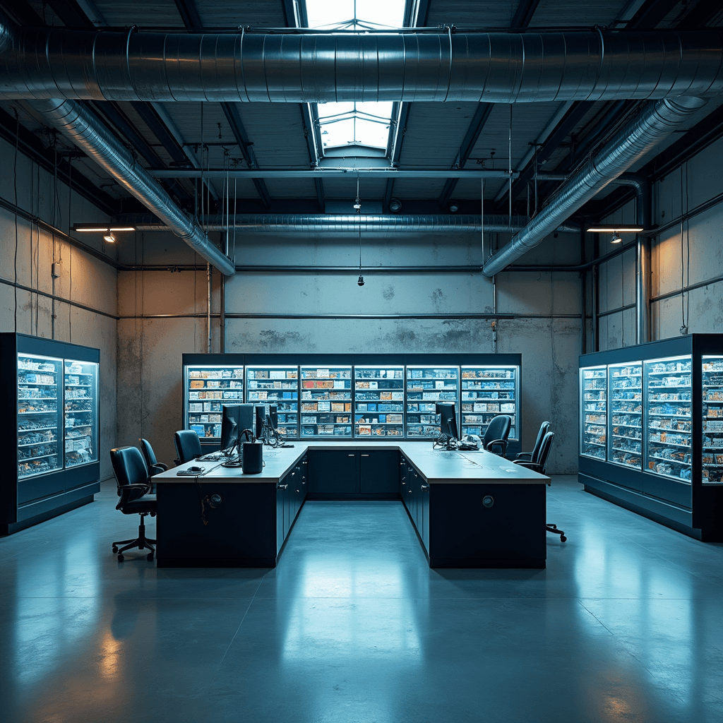 Moderne sleutelwerkplaats met L-vormige RVS werkbank, diagnostische computers, glazen vitrinekasten vol sleutelprofielen en een prominente sleutelfreesmachine, verlicht door warme ochtendzon die door grote industriële ramen valt.