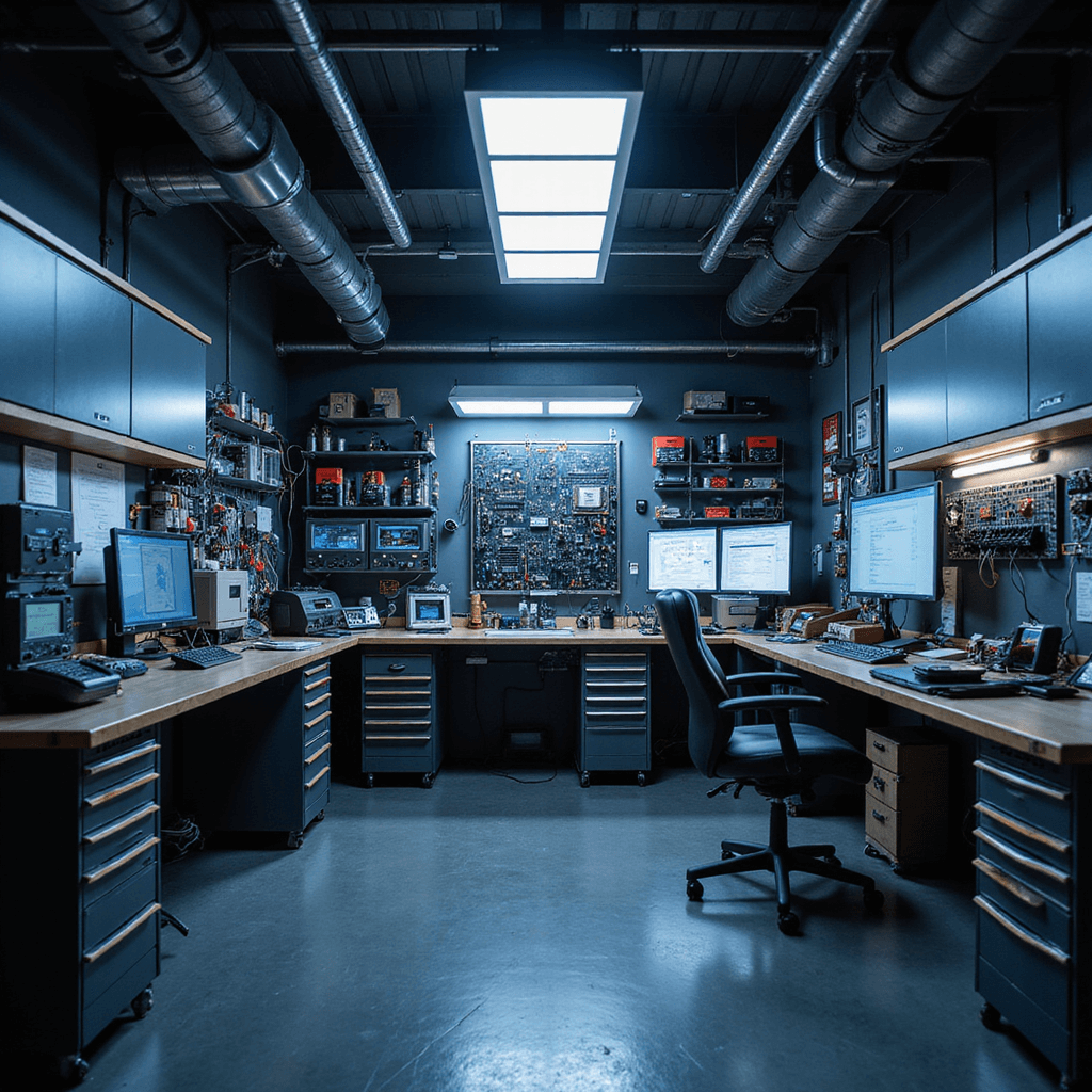 Interieur van een autosleutelservice met een modern werkstation, diagnoseapparatuur, precisie-instrumenten en georganiseerde gereedschapswand, verlicht met indirect LED-licht en kleurrijke flatscreens.