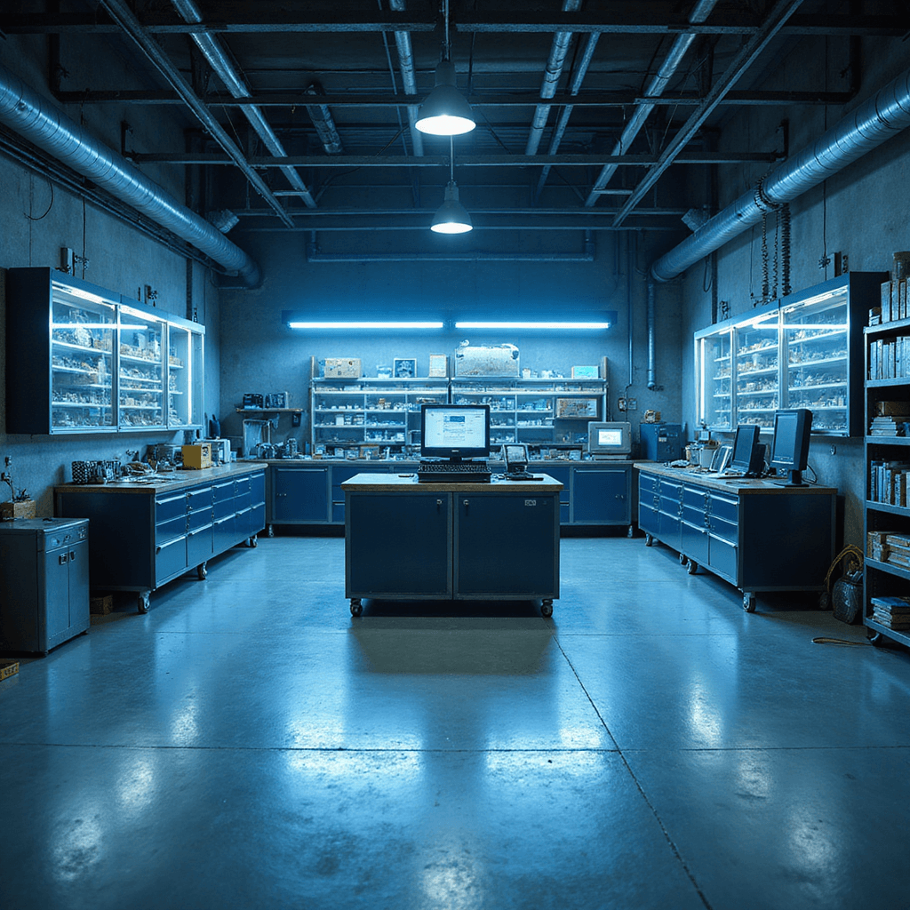 Moderne werkplaats voor sleutelservice met industriële LED-verlichting, een professionele werkbank van geborsteld staal en een geïntegreerd programmeerapparaat, glazen vitrinekasten vol sleutels en elektronica, een computerstation met diagnostische apparatuur, en wandrekken met gereedschap.