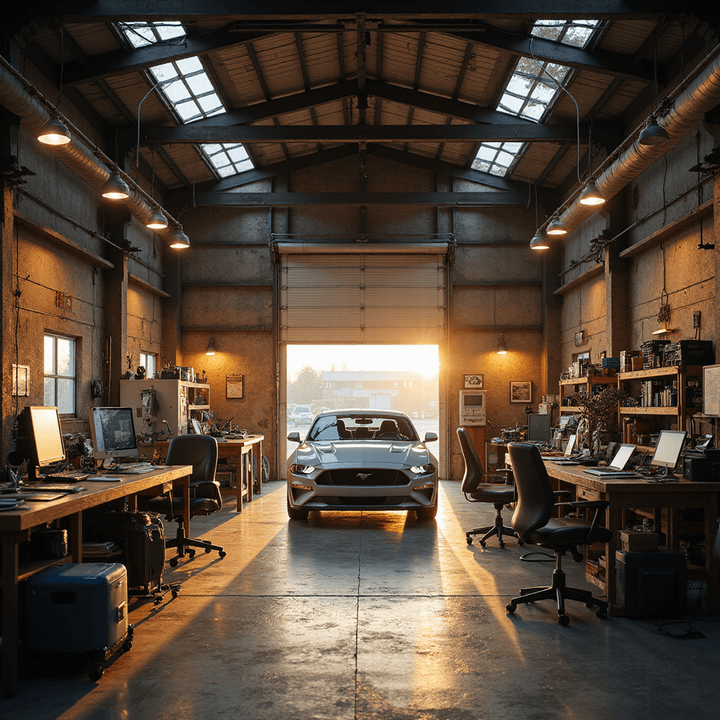 Een sfeervolle autosleutelspecialist hoek, verlicht door warm ochtendlicht. De ambachtelijke houten werkbank staat vol precisie-instrumenten en omringd door een muur van glanzende sleutelprofielen. Een moderne programmeercomputer en een traditioneel sleutelfreesapparaat zijn zichtbaar, samen met gestapelde handboeken en diagnostische tablets. Birds-eye perspectief toont een harmonieuze mix van warme houttinten en moderne metaalaccenten.