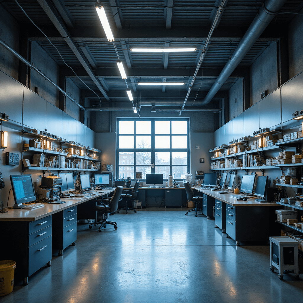 Moderne sleutelwerkplaats met L-vormige RVS werkbank en LED-verlichting, diagnostische computers op metalen rekken, wandkasten met sleutelrasters en transponderchips, warme zonnestralen door frosted glas, glanzende sleutelsnijmachines, ooghoogte camera, focus op autosleutels en programmeermodules.