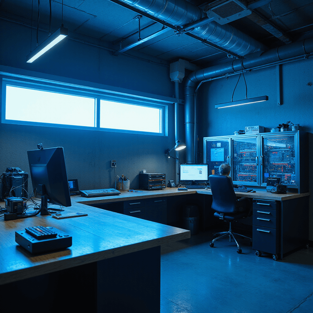 Intieme avondopname van een sleutelprogrammeerruimte met blauwe LED-verlichting, een massief houten werkblad en OBD-apparatuur, met focus op een moderne autosleutel en transponderchips.