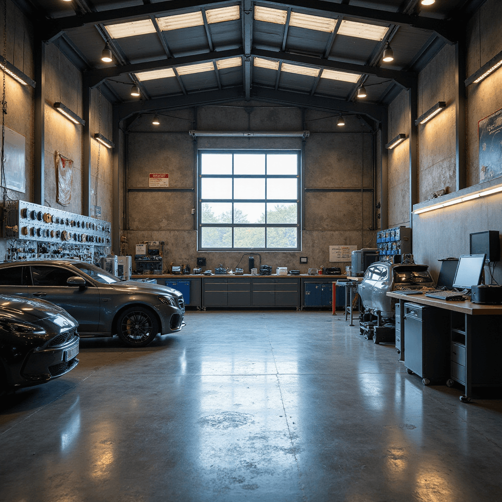 Professionele autosleutelwerkplaats met L-vormige RVS werkbank, wandrekken vol sleutelrasters, moderne diagnostische apparatuur en warm ochtendlicht.