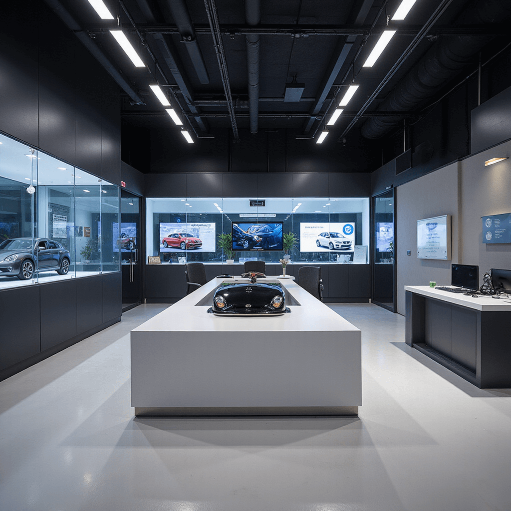 Moderne sleutelservice showroom-werkplaats met glazen toonbank, vitrine, matzwarte wandpanelen en digitale displays, centraal hoogglans wit werkeiland met programmeerunit, koperkleurige pendellampen, vogelperspectief op 30° in avondscène met LED-verlichting.