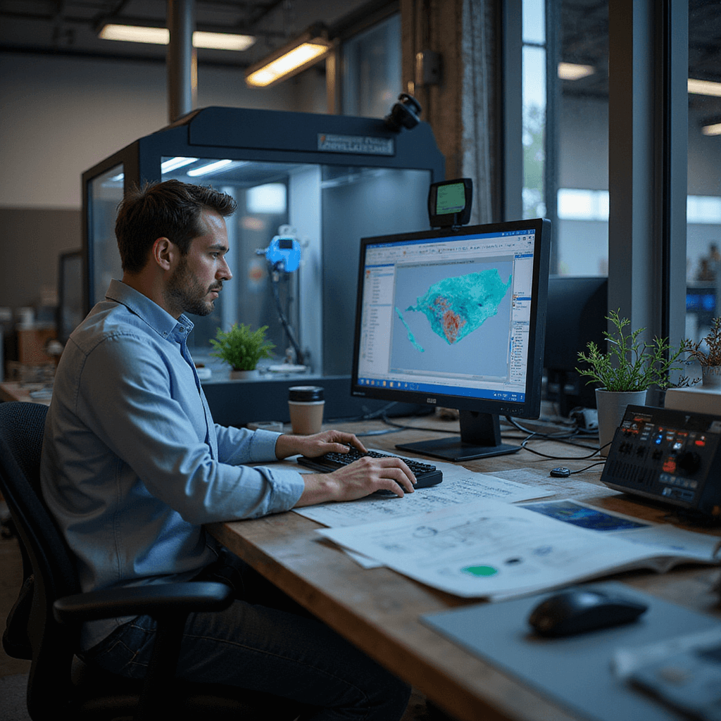 Close-up interieur van een autosleutelwerkplaats met een moderne diagnosecomputer, ergonomisch bamboe-aluminium werkstation, warme LED-verlichting, 3D-printers, technische schema's, georganiseerde lades met transponderchips, en avondlicht door industriële dakramen.
