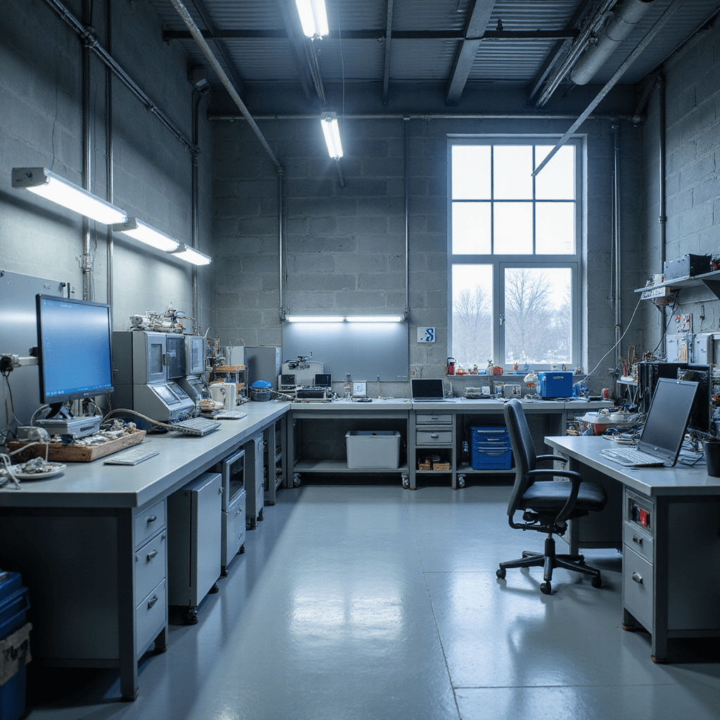 Moderne sleutelservice werkplaats met L-vormige werkbank van geborsteld staal, diagnostische apparatuur, precisie-snijmachines en wandkasten gevuld met sleutels. Close-up van high-tech programmeerstation met laptop en kabels, verlichte ruimte met koele witte LED-spots.