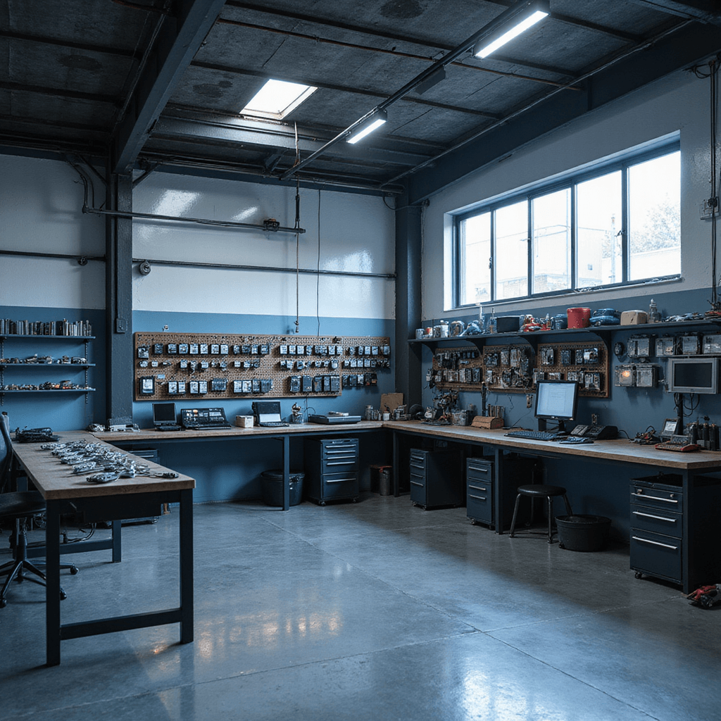 Moderne sleutelservicewerkplaats met L-vormige RVS werkbank, diagnostische apparatuur en wandkasten vol gecodeerde autosleutels, verlicht door helder LED-licht en natuurlijk daglicht.