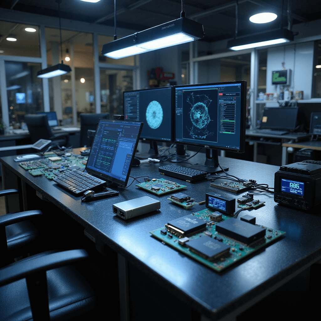 Close-up van een high-tech sleutelprogrammeerstation in een gestileerde zwarte werkplek, met touch-displays en diagnostische interfaces, omgeven door moderne autosleutels en transponderchips, verlicht door LED-spots.