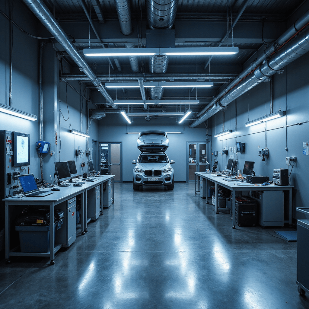 Moderne autosleutelwerkplaats met industriële uitstraling, featuring een L-vormige RVS werkbank, georganiseerde sleutelprofielen, diagnostische apparatuur, en ochtendzon die door matglazen ramen binnendringt. Hyperrealistisch 4K beeld met koele grijstinten en technische details.