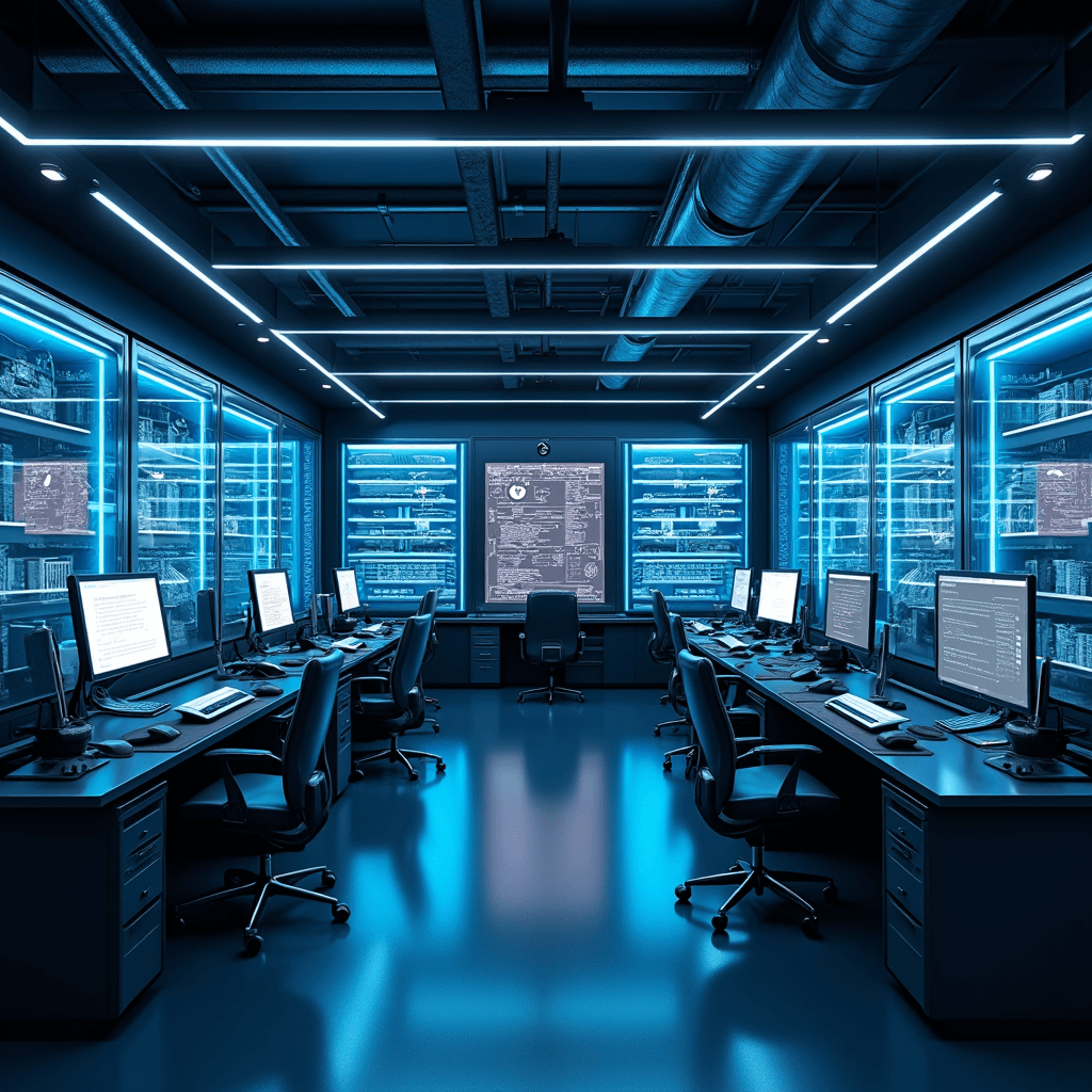 Intieme programmeerruimte met ergonomische werkplek, meerdere computerschermen en futuristische LED-verlichting, omringd door glazen vitrinekasten met autosleutels en gespecialiseerde gereedschappen.