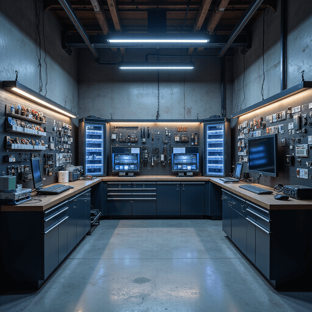 Moderne sleutelservice werkplaats van 6x8 meter met een L-vormige RVS werkbank, diagnoseapparatuur, georganiseerde sleutelhangers en vitrinekasten. Warme LED-verlichting creëert een professionele sfeer, gefotografeerd vanuit een 45-graden hoek met scherpte op het high-tech programmeerstation.