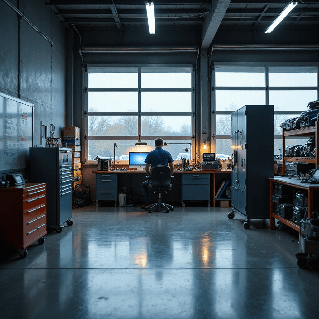 Moderne autosleutel-werkplaats met L-vormige RVS werkbank, digitale programmeerapparatuur en diagnostische tools, wandrekken vol metallic sleutelblanco's, opengeklapte laptop, warme spots en daglicht, kleurenpalet in koele grijstinten, technisch blauw en geborsteld metaal.
