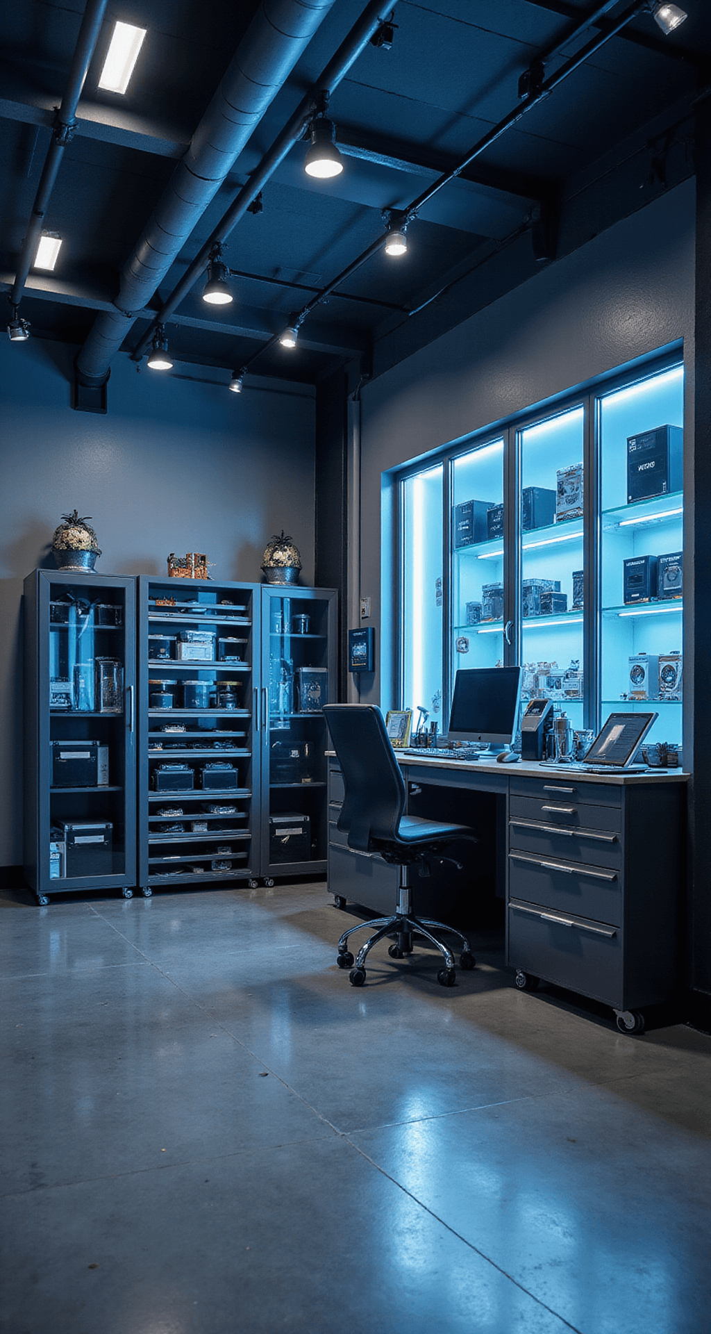 Moderne sleutelspecialistwinkel met glazen toonbank, ergonomisch werkstation met diagnostische computer, vitrine met autosleutels, matzwarte gereedschapskasten, blauwe LED-verlichting en klantenservicebalie, gezien vanuit vogelperspectief.