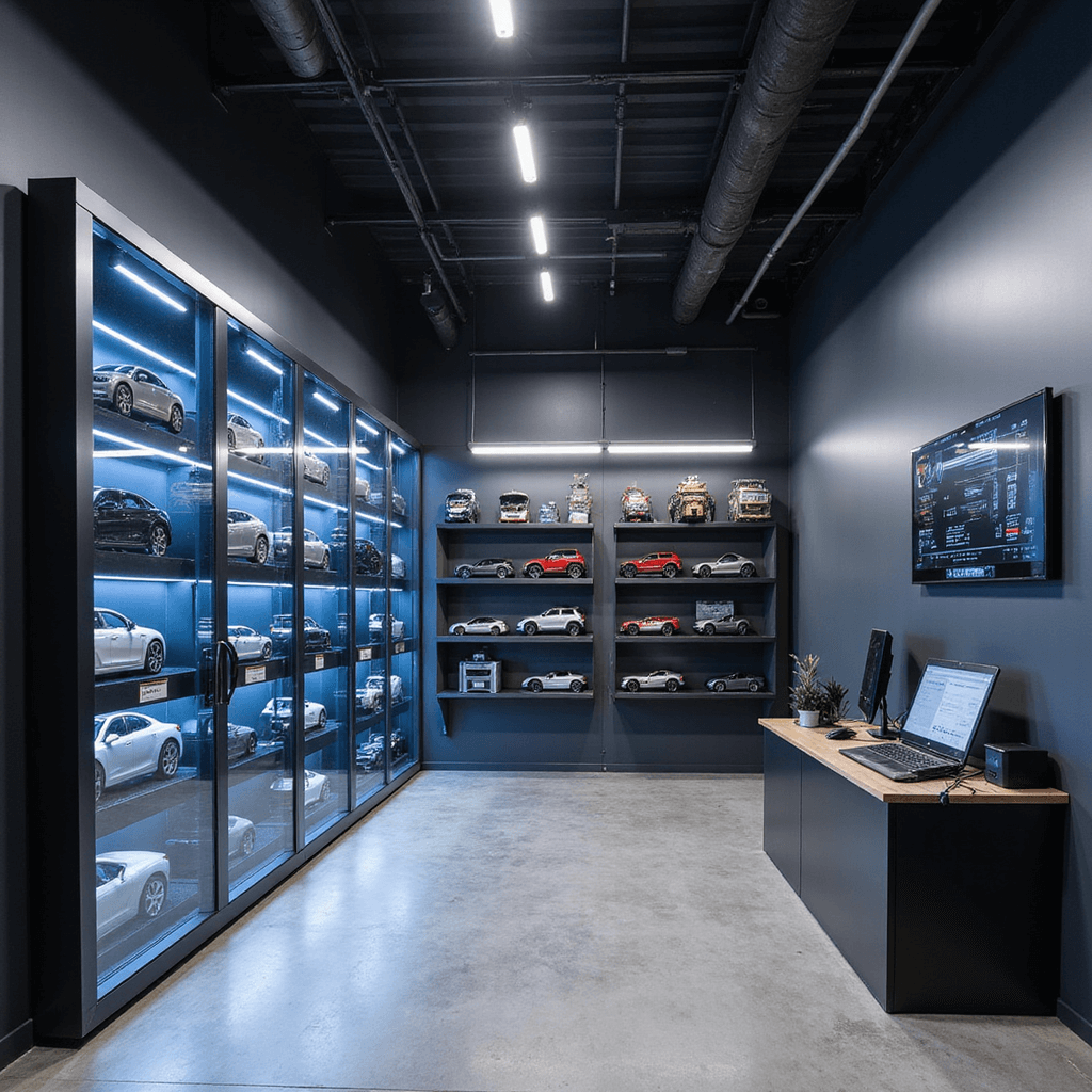 Showroom van een hoogwaardige sleutelservice met matzwarte wandpanelen en LED-verlichte vitrinekasten, centraal een eiland-werkstation met computerschermen en een glazen toonbank vol chipsleutels. Sfeervolle verlichting en een modern kleurenpalet van antraciet, tech-zilver en ambient blauw geven een premium uitstraling.