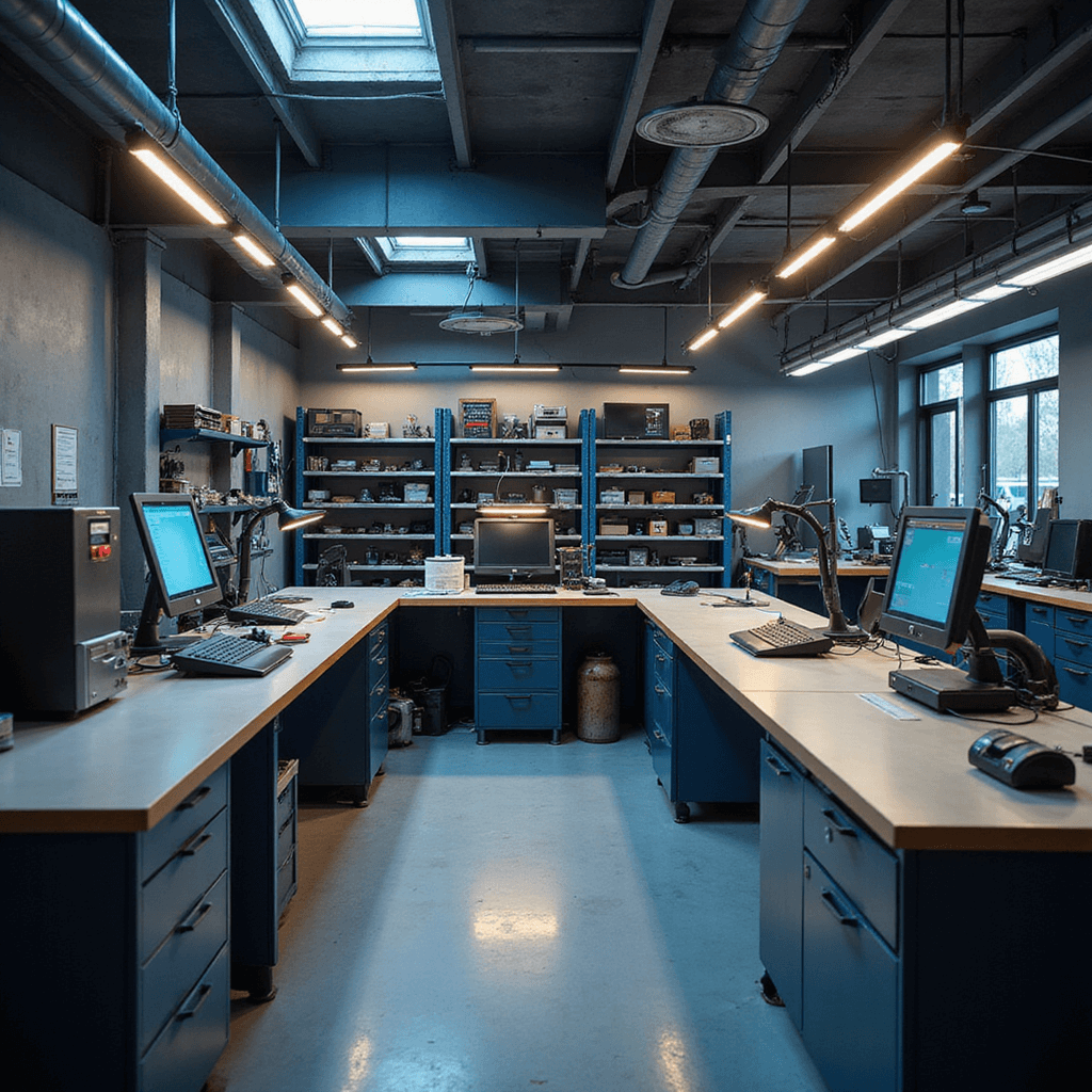 Moderne autosleutelwerkplaats met L-vormige RVS werkbank, diagnostische apparatuur, georganiseerde wandkasten en professionele sleutelmachines, verlicht door warme LED-spots.