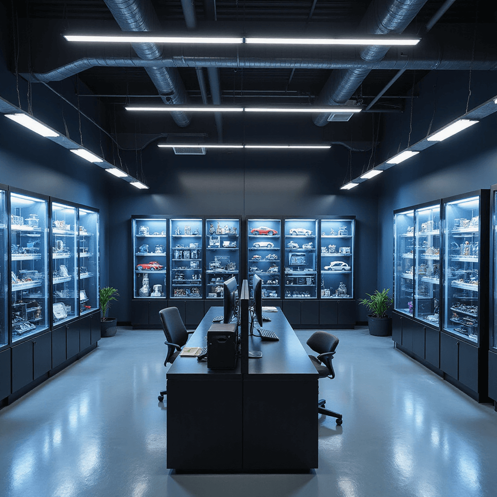 Interieur van een hightech sleutelservicepunt met computergestuurde codeerstations, glazen vitrinekasten en matzwarte gereedschapskasten, verlicht door natuurlijk licht via dakkoepels, in antraciet, hoogglans zwart en subtiele blauwe LED-accenten.