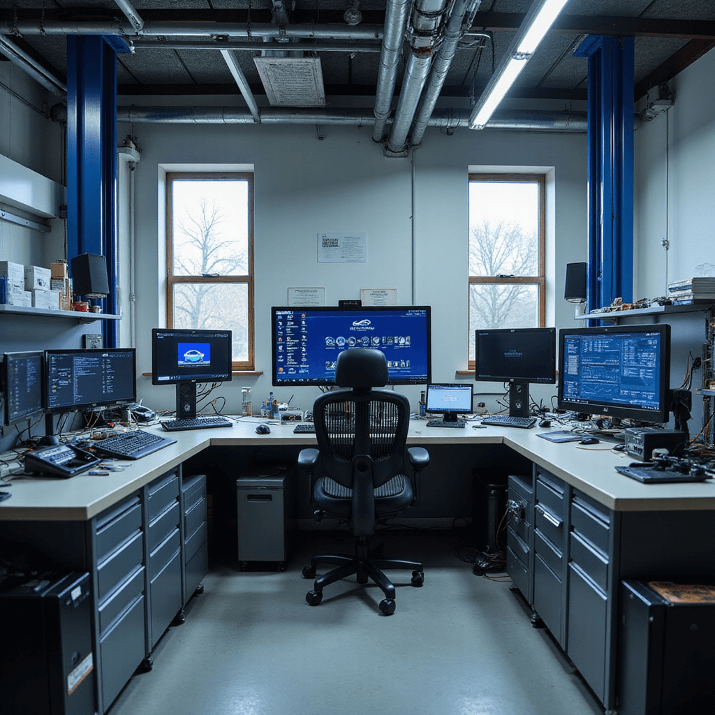 Moderne sleutelprogrammeerstation in autowerkplaats met diagnostische computer, hoog plafond, en georganiseerde metalen kasten, verlicht door ochtendzon en LED-spots.