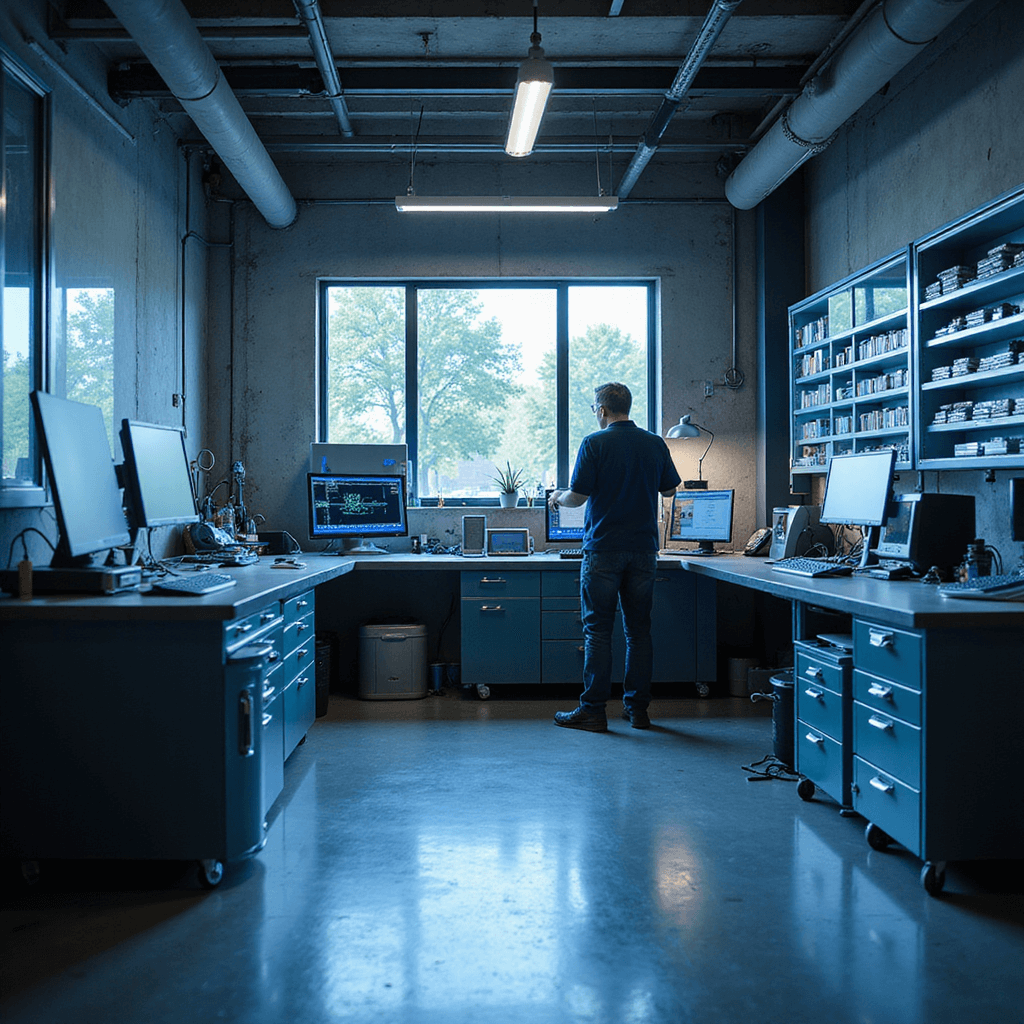 Moderne sleutelservice werkplaats met L-vormige RVS werkbank, LED-verlichting, digitale programmeerapparaten, georganiseerde wandkasten en een technicus die een autosleutel programmeert.
