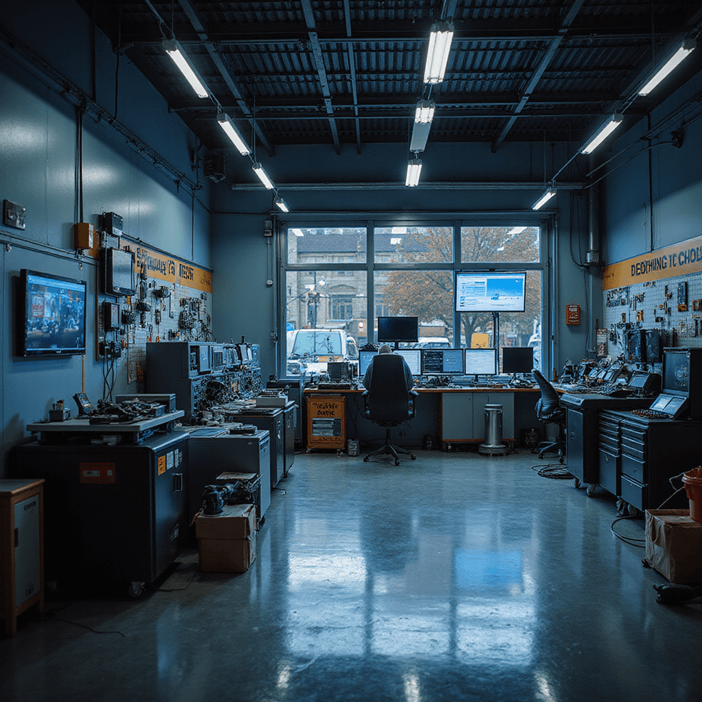Intieme avondopname van een autosleutelwerkplaats met een modern diagnostisch werkstation, omringd door transparante displays vol autosleutels, verlicht door gerichte LED-spots en warme houtaccenten.