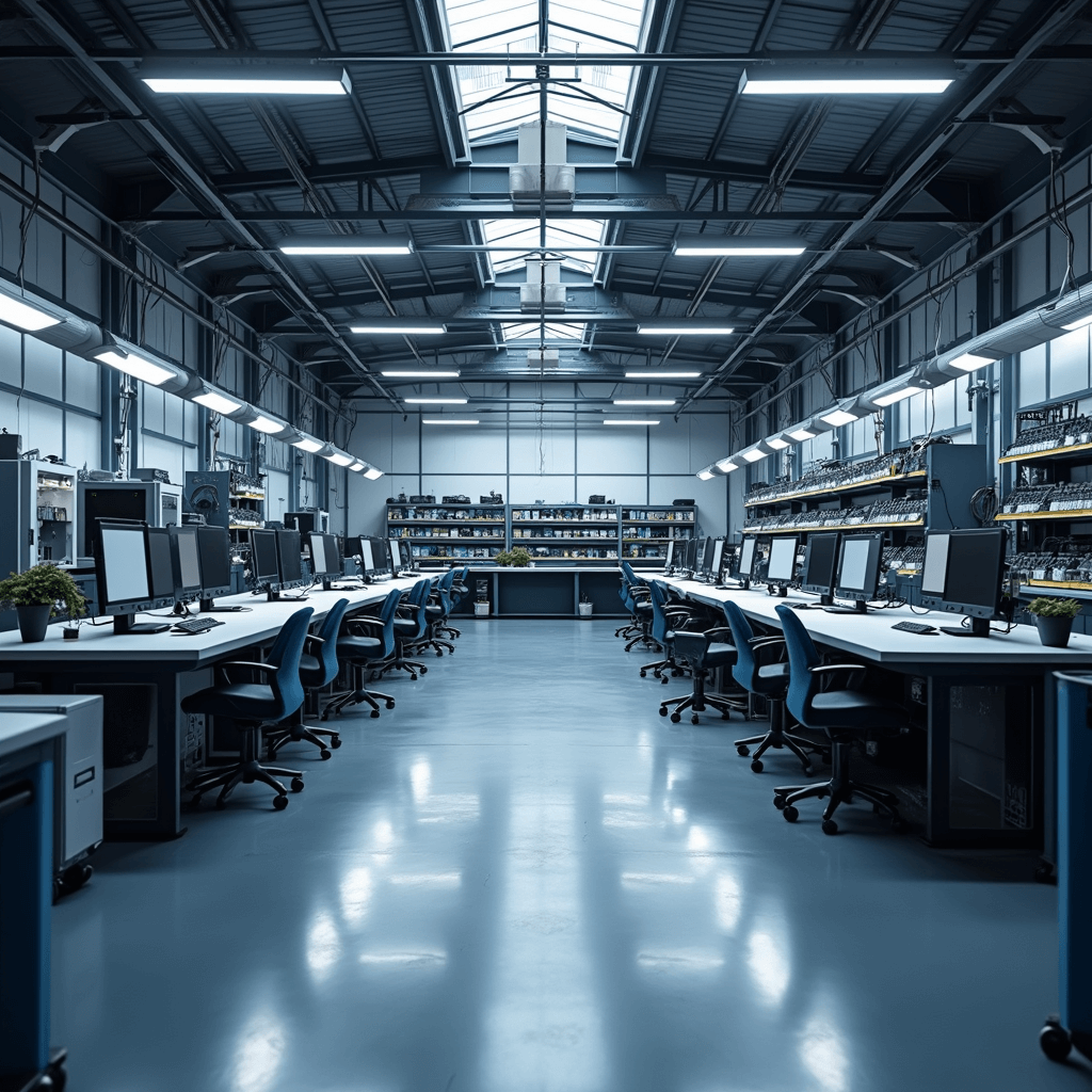 Moderne autosleutelwerkplaats van 6x8 meter met industriële uitstraling, featuring een L-vormige RVS werkbank, programmeerstation met diagnosetools, gereedschapswand en veel natuurlijk licht.