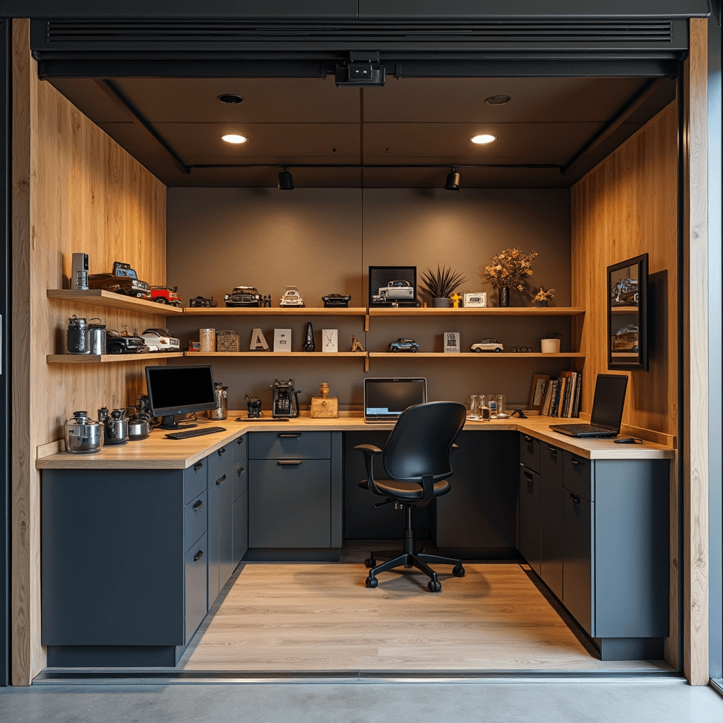 Intieme sleutelservicebalie met houten U-vormige balie, computerstation, en diagnoseapparatuur. Glazen vitrine met autosleutels en transponders, verlicht door indirecte LED-spots. Vintage gereedschapskast tegenover moderne tools en een koperkleurige pendellamp. Kleurenschema in warm walnoot, mat zwart en koperaccenten, met technische handleidingen aan de wand.