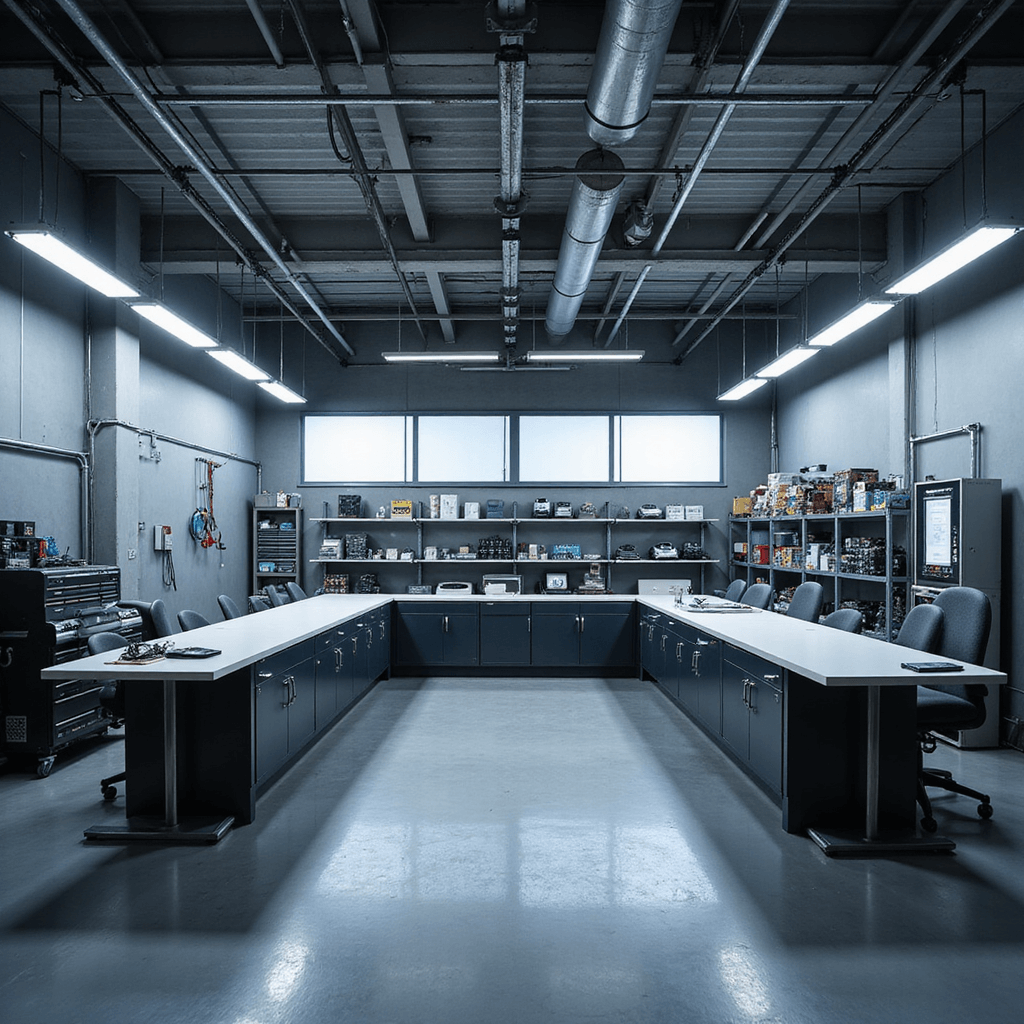 Moderne autosleutelwerkplaats met L-vormige RVS werkbank, LED-verlichting, precisiegereedschap en digitale diagnoseapparatuur, onder ochtendzon en in industriële stijl.