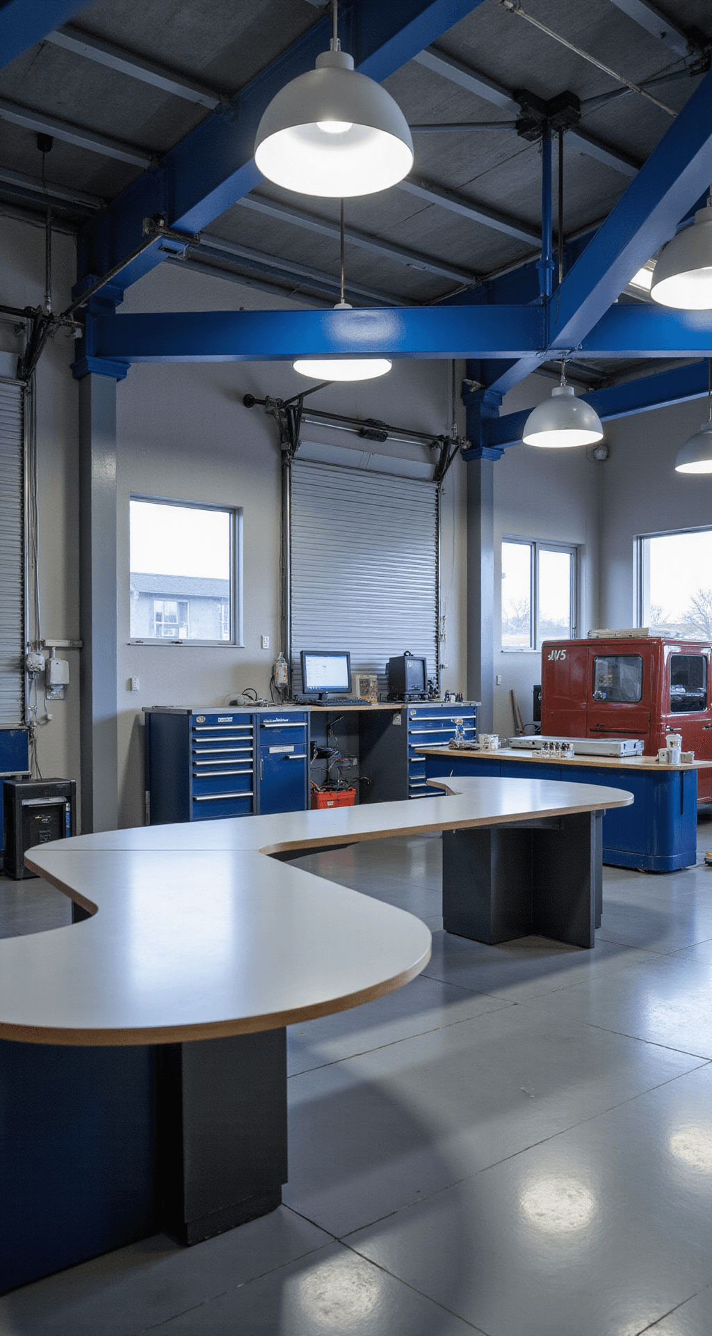 Moderne sleutelservice werkplaats met L-vormige werkbank van geborsteld staal, diagnostische apparatuur, gesorteerde sleutelprofielen en professionele sleutelmachines, verlicht door ochtendlicht en LED-spots.