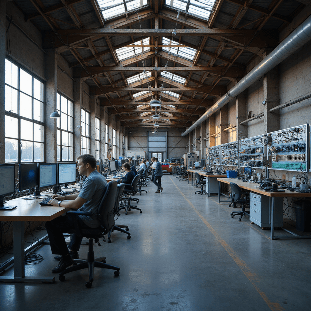 Moderne sleutelwerkplaats in industriële stijl met L-vormige RVS werkbank en een hightech transponder-programmeerstation, verlicht door warm zonlicht door grote ramen.
