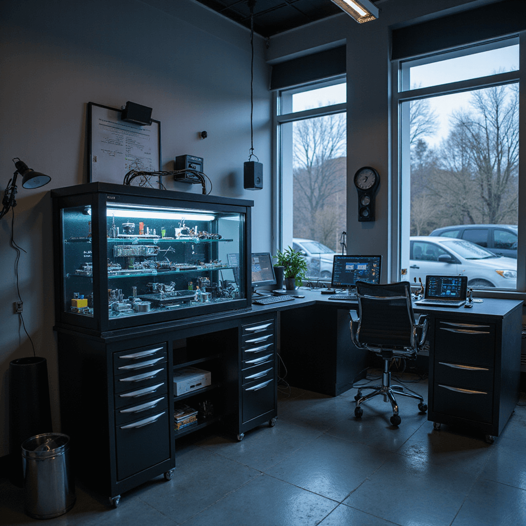 Moderne autogarage met intieme sleutelservice, uitgerust met een zwarte werkbank, diagnoseapparatuur, glazen vitrine met autosleutel-elektronica, en kleurgecodeerde kabels, verlicht door professionele LED-werklampen.