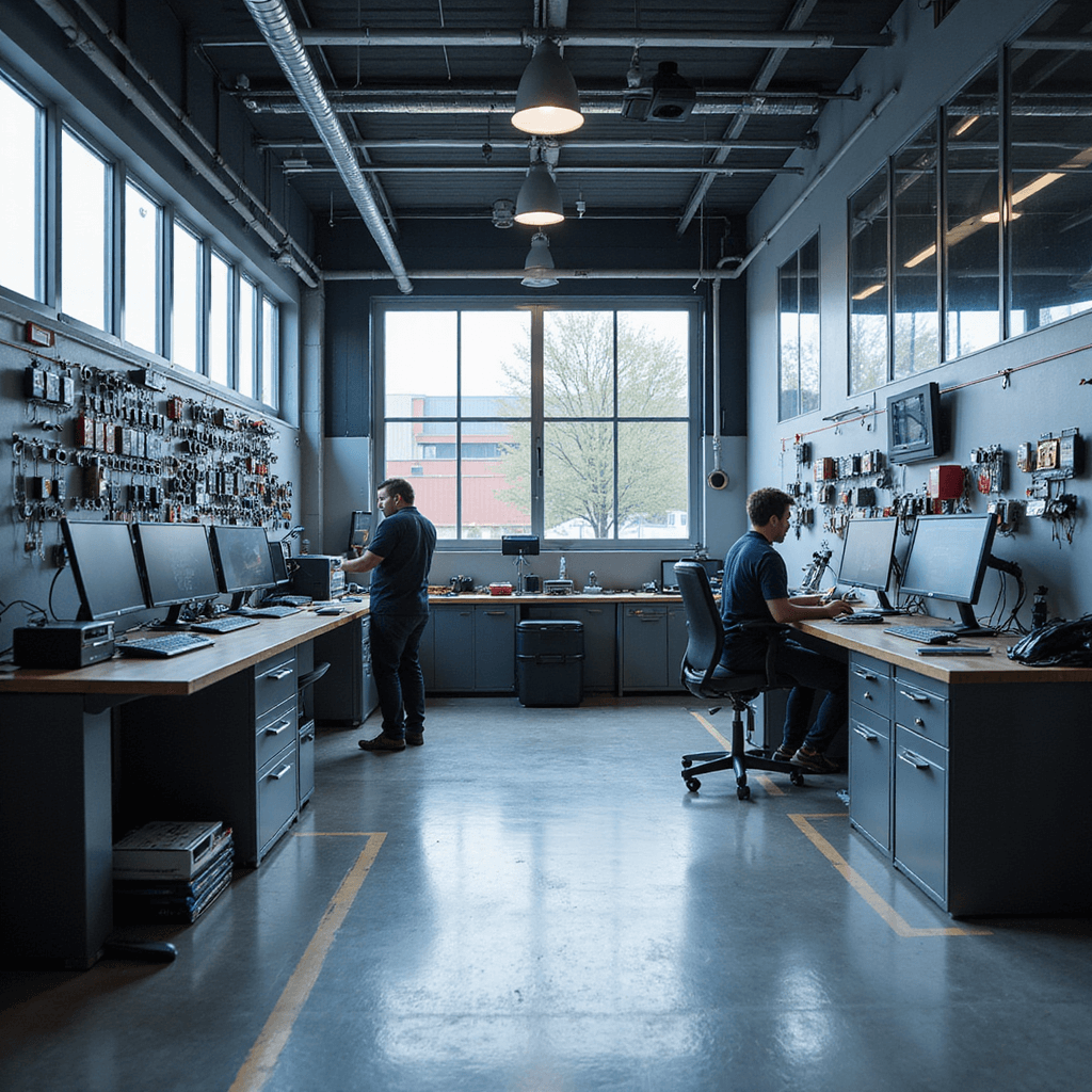 Moderne sleutelservice werkplaats met L-vormige werkbank van geborsteld RVS, high-tech diagnoseapparatuur, en een wandrek vol blanco sleutels. Ochtendlicht valt binnen door grote ramen, met een specialist die bezig is met programmeren. Kleurenpalet van industrieel grijs, technisch blauw en contrasterend rood.