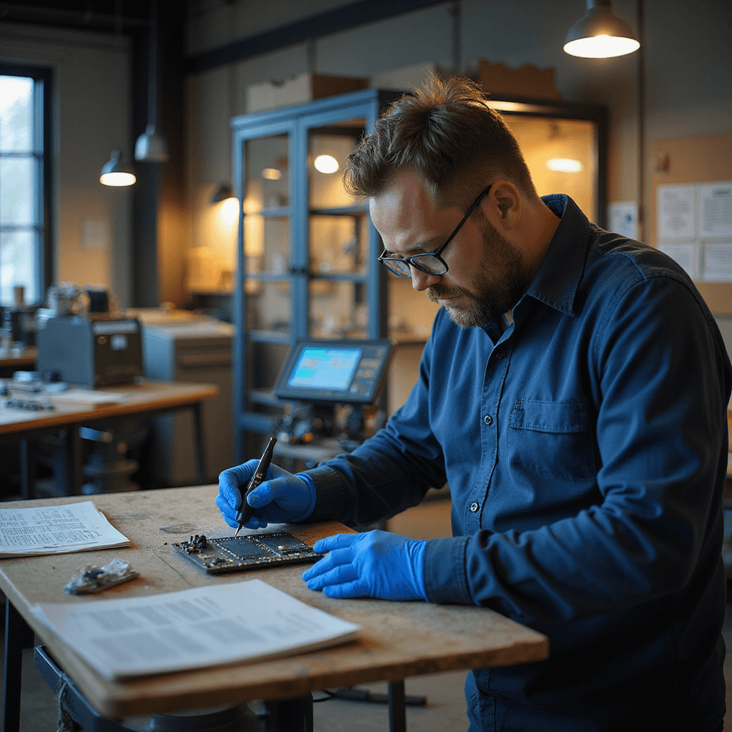 Intieme avondopname van een gespecialiseerde autosleutelwerkplek met warm verlichte werkruimte, massief houten werkblad, precisie-gereedschap, transponder-testapparatuur en een glazen vitrinekast vol moderne autosleutels.