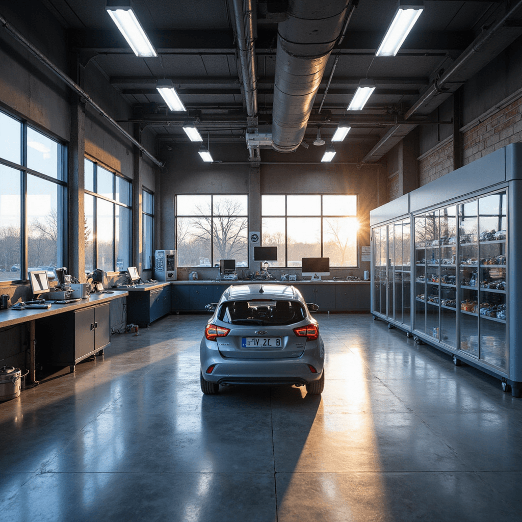 Moderne sleutelservice werkplaats met L-vormige RVS werkbank, glazen vitrine vol autosleutels, industriële kasten met gereedschap, en digitale sleutelprogrammeerstation, verlicht door ochtendzon en LED-verlichting.