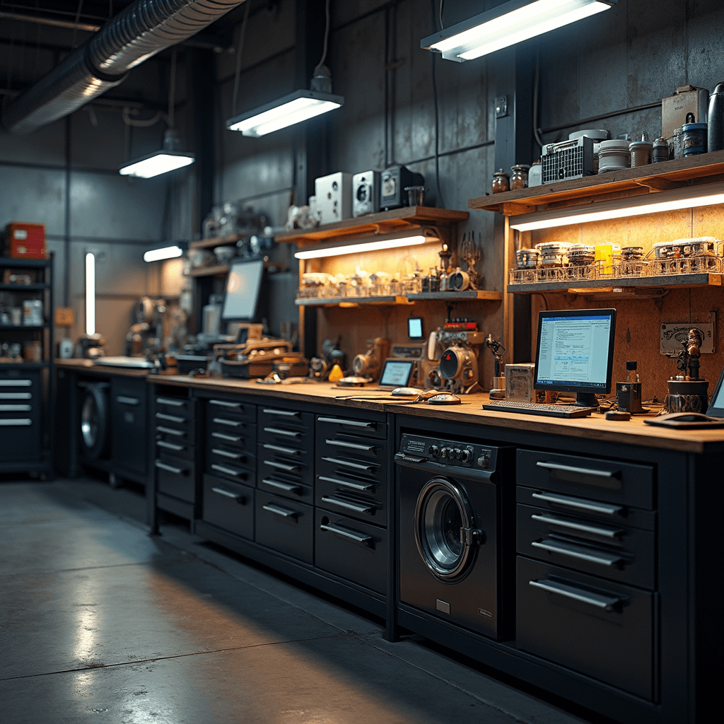 Intieme automotive werkplaats met moderne sleutelfreesmachine, elektronische diagnoseapparatuur, en een matzwarte gereedschapswand, verlicht door warm LED-licht.