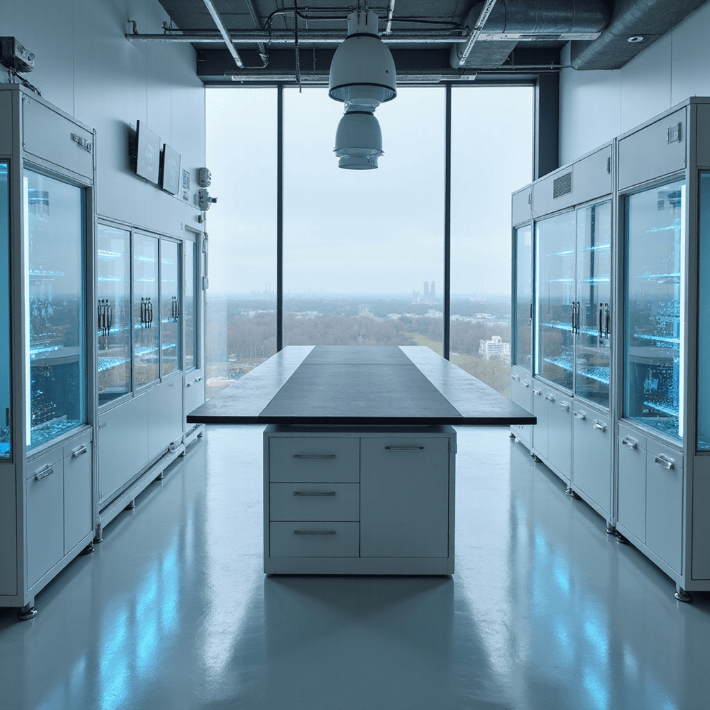 Interieur van een moderne sleutelservice met glazen pui, eilandwerkbank en ergonomische werkstations voor sleutelprogrammering, verlicht door middaglicht en accentueerd met blauwe LED-strips.