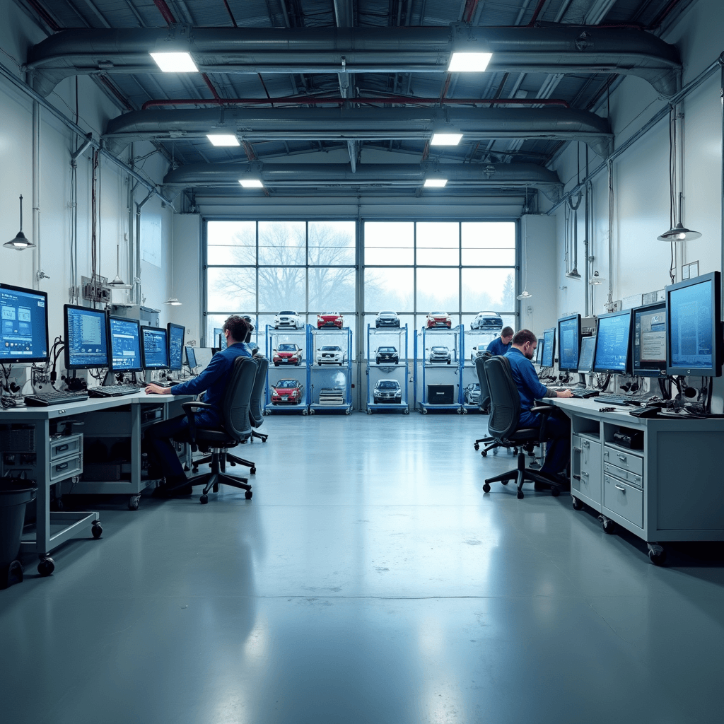 Moderne autosleutelwerkplaats met industriële betonnen vloer en witte muren, L-vormige RVS werkbank onder LED-spotverlichting, programmeerstation met digitale displays, glazen vitrine met autosleutels, ochtendzon door hoge ramen, close-up van high-tech programmeerequipment en sleutelfreesmachine, georganiseerde werkplek met precisie-gereedschap en transponderchips.