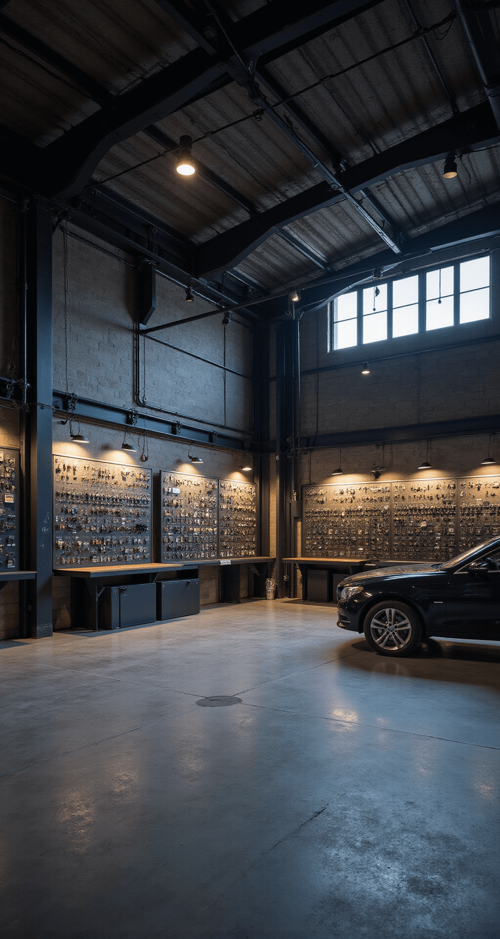 Intieme werkhoek in autosleutelspeciaalzaak met een compacte programmeerwerkplek, digitale uitleesapparatuur, georganiseerde displaykasten vol chipsleutels en transponders, en een gedetailleerd uitgewerkte smartkey. Warme verlichting en een professionele ambiance.