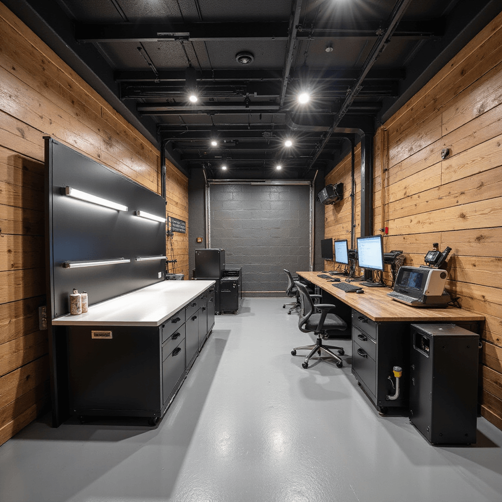 Intieme sleutelservice hoek met houten lambrisering en LED-verlichting, centrale werkbank met zwart composiet blad, ergonomische krukken, gereedschapswand en diagnostische apparatuur, transponder programma set en laptop, koperen sleutelmallen en geordende programmeermodules.