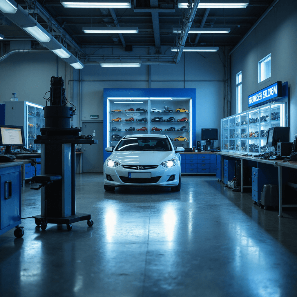 Moderne sleutelwerkplaats met L-vormige RVS werkbank, hightech diagnostische computer, georganiseerde vakjes met elektronische componenten, en glazen vitrine met autosleutels, verlicht door industriële LED-verlichting.