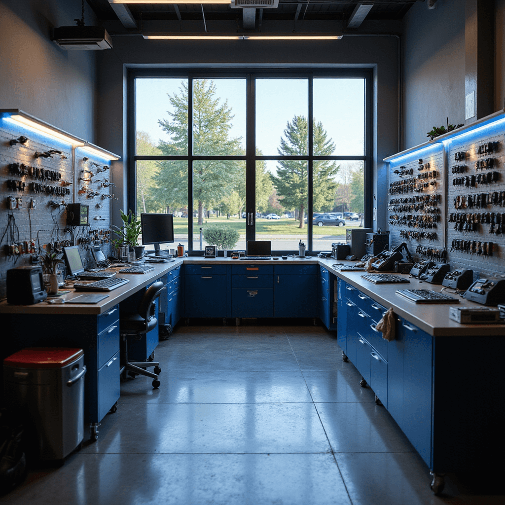Moderne sleutelservicewerkplaats met L-vormige werkbank van geborsteld RVS, glazen voorpui, diagnostische apparatuur, wandrek met sleutelprofielen, en diverse autosleutels en gereedschap, verlicht met warme LED-spots.
