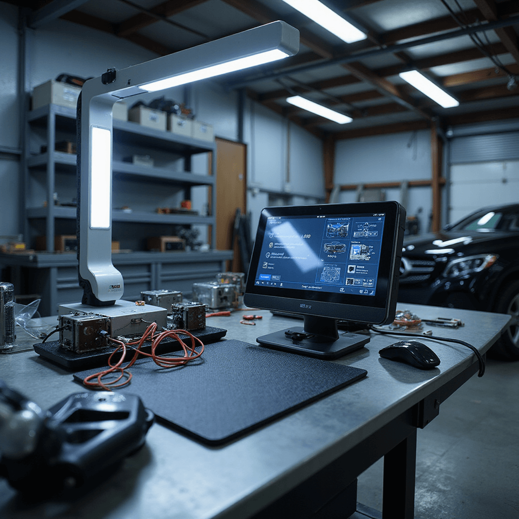 Close-up van een autosleutelwerkplek met modern diagnoseapparaat, omringd door autosleutels in programmering, op een antistatische mat met precisiegereedschap, verlicht door een LED-lamp; achtergrond met geordende kasten voor sleutelprofielen.