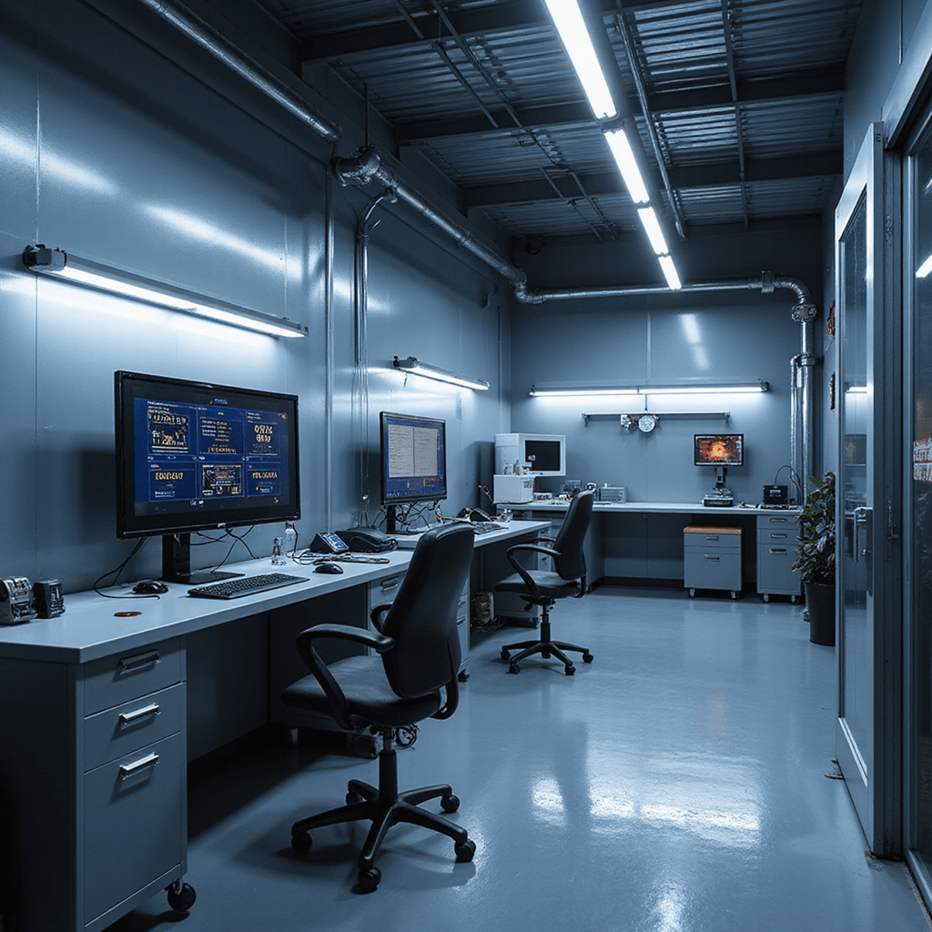 Moderne autosleutelwerkplaats met industriëel interieur, L-vormige RVS werkbank, geavanceerd diagnostisch apparaat, wandrekken met sleutelprofielen, LED-verlichting en precisiegereedschap, macro-perspectief op programmeerstation.