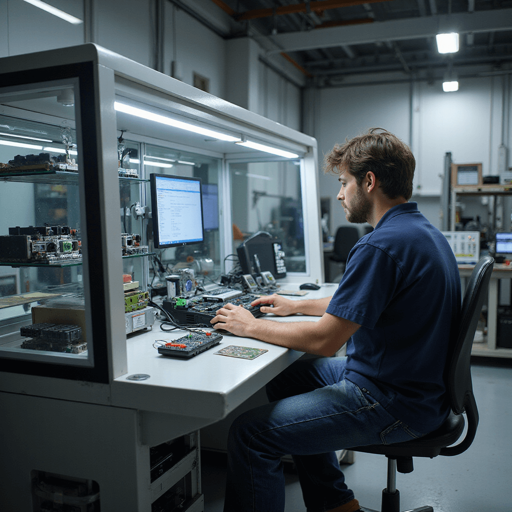 Compacte sleutelservice ruimte met moderne werkstations, een centrale eilandwerkbank met testapparatuur, glazen vitrinekasten met autosleutels, en georganiseerde lades met chipmodules, vastgelegd vanuit vogelperspectief in zachte focus.