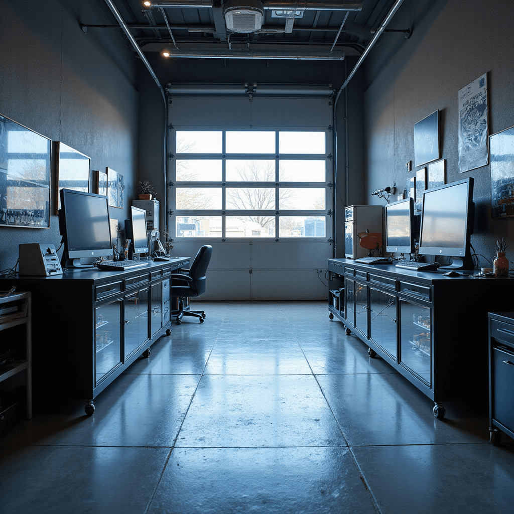 Interieur van een autosleutelservice met epoxyvloer, werkstations en diagnostische schermen, glazen vitrinekasten, computerservers, en industriële archiefkasten, verlicht door natuurlijk licht en koele LED-panelen.
