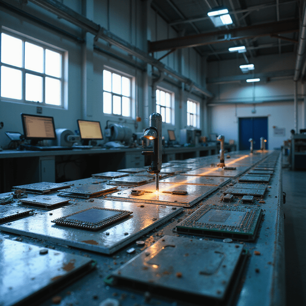 Moderne sleutelservicewerkplaats met industriële uitstraling, L-vormige werkbank van geborsteld RVS, kleurgecodeerde sleutelhangers, diagnostische computers en precisiegereedschap, in koele grijstinten met kobaltblauwe accenten.