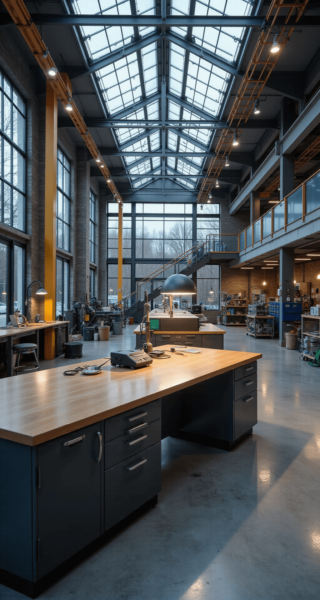 Moderne sleutelmakerswerkplaats met L-vormige RVS werkbank, diagnostische apparatuur, georganiseerde wandsystemen met sleutelprofielen, precision tools en autosleutels in verschillende stadia van productie, verlicht door natuurlijk daglicht en LED-spots, met een warme industriële sfeer.