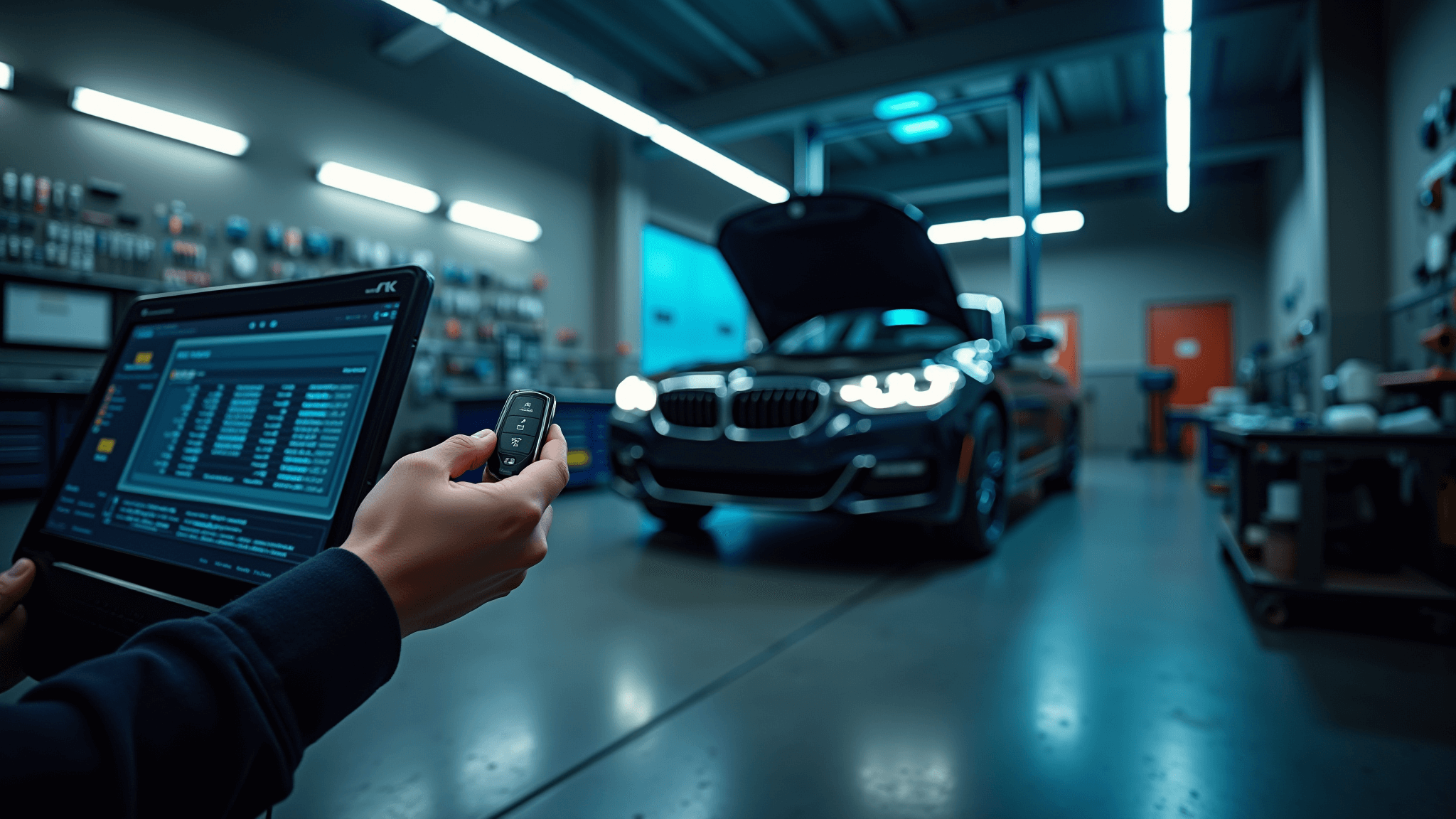 Een cinematische nachtopname van een moderne auto werkplaats met dramatische verlichting. Een professioneel diagnostisch computerscherm toont complexe voertuigbeveiligingscodes. Een zwarte BMW is verhoogd op een hydraulische lift met open deur. Organisatie van sleutel-snijdtools en programmeerapparaten glinstert onder spotlights aan de muren. In de voorgrond houdt een meester-sleutelmaker een moderne autosleuteltransponder vast, alles in hyperdetail en fotorealistisch.